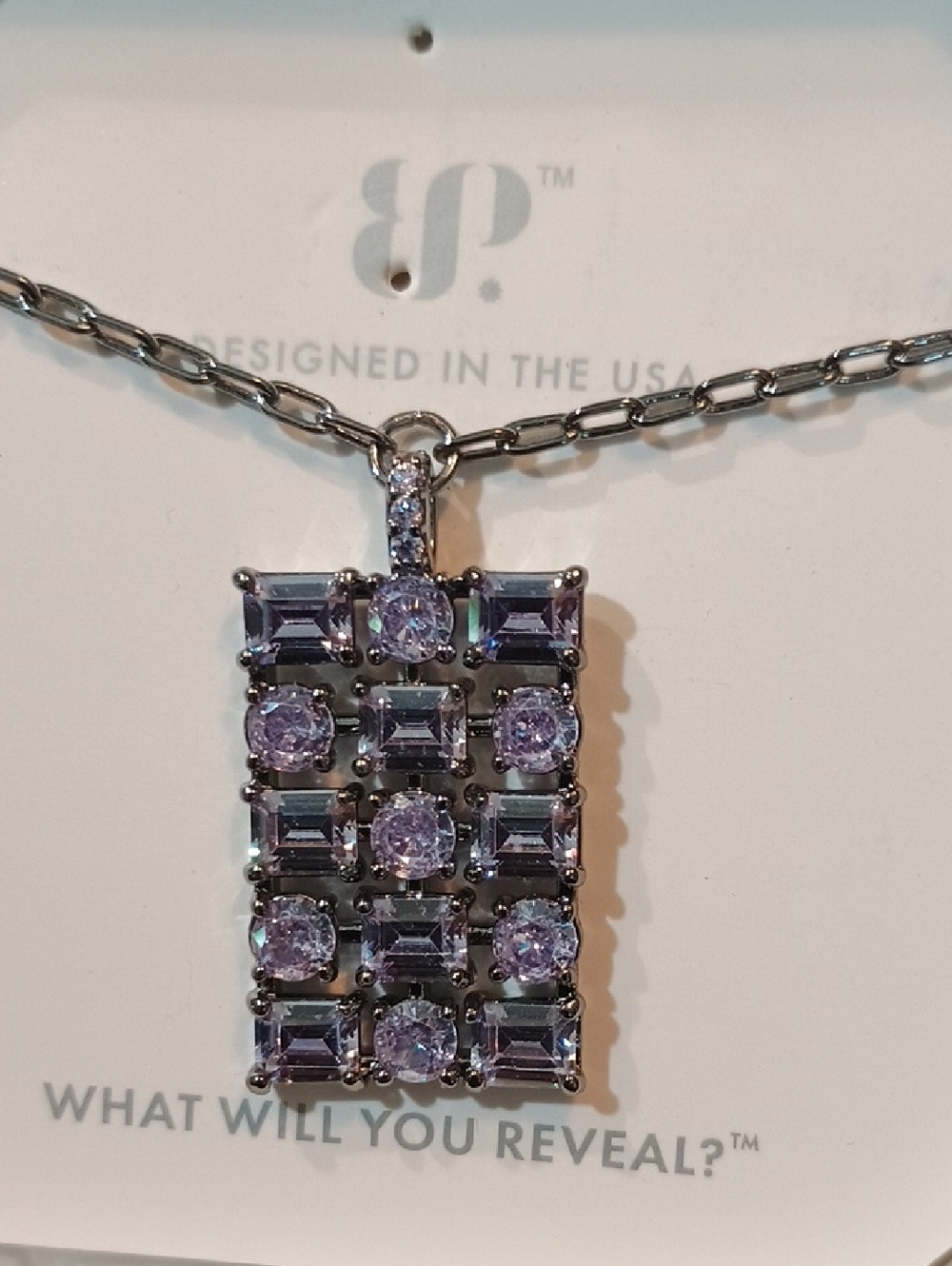 bp Silver-Tone Lavender Crystal Grid Pendant Necklace